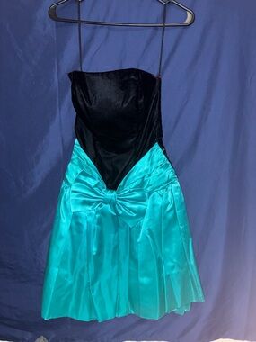 Vintage 80s Strapless Velvet Taffeta Prom Dress Black Teal Bow Party XS/S